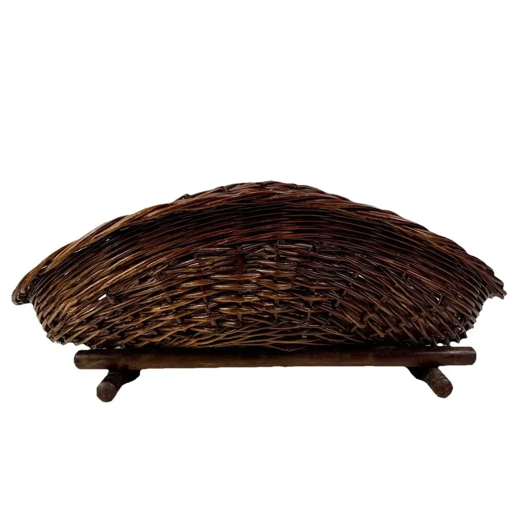 Large Rustic Wicker Harvest Basket Wood Base Fire Log Holder Blanket Storage